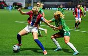 29 November 2024; Karina Saevik of Norway in action against Abi Sweetlove of Northern Ireland during the UEFA Women's EURO 2025 Play-off round two first leg match between Northern Ireland and Norway at Inver Park in Larne, Antrim. Photo by Shauna Clinton/Sportsfile