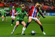 29 November 2024; Frida Maanum of Norway in action against Rachel McLaren of Northern Ireland during the UEFA Women's EURO 2025 Play-off round two first leg match between Northern Ireland and Norway at Inver Park in Larne, Antrim. Photo by Shauna Clinton/Sportsfile