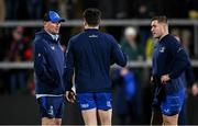 29 November 2024; Leinster senior coach Jacques Nienaber and Jimmy O'Brien, centre, and Jordan Larmour of Leinster before the United Rugby Championship match between Ulster and Leinster at Kingspan Stadium in Belfast. Photo by Ramsey Cardy/Sportsfile