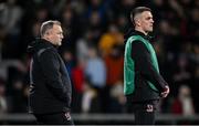 29 November 2024; Ulster head coach Richie Murphy, left, and James Hume before the United Rugby Championship match between Ulster and Leinster at Kingspan Stadium in Belfast. Photo by Ramsey Cardy/Sportsfile