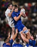 29 November 2024; Brian Deeny of Leinster and Alan O'Connor of Ulster during the United Rugby Championship match between Ulster and Leinster at Kingspan Stadium in Belfast. Photo by Ramsey Cardy/Sportsfile