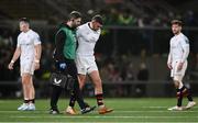 29 November 2024; Ben Moxham of Ulster leaves the pitch with an injury during the United Rugby Championship match between Ulster and Leinster at Kingspan Stadium in Belfast. Photo by Ramsey Cardy/Sportsfile