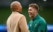 30 November 2024; Jack Crowley of Ireland, right, with former Ireland international Simon Zebo before the Autumn Nations Series match between Ireland and Australia at the Aviva Stadium in Dublin. Photo by Ramsey Cardy/Sportsfile