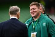 30 November 2024; Tadhg Furlong of Ireland and Australia head coach Joe Schmidt before the Autumn Nations Series match between Ireland and Australia at the Aviva Stadium in Dublin. Photo by Ramsey Cardy/Sportsfile