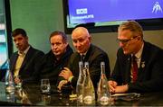 30 November 2024; GAA Football Review Committee chairperson Jim Gavin, second from right, with from left, GAA Football Review Committee members Éamonn Fitzmaurice and Colm Collins, and Uachtarán Chumann Lúthchleas Gael Jarlath Burns, right, during a media briefing after the GAA Special Congress 2024 at Croke Park in Dublin. Photo by Piaras Ó Mídheach/Sportsfile