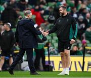 30 November 2024; Ireland head coach Andy Farrell, right, greets Australia head coach Joe Schmidt before the Autumn Nations Series match between Ireland and Australia at the Aviva Stadium in Dublin. Photo by Seb Daly/Sportsfile