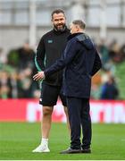 30 November 2024; Ireland head coach Andy Farrell, left, and Australia head coach Joe Schmidt before the Autumn Nations Series match between Ireland and Australia at the Aviva Stadium in Dublin. Photo by David Fitzgerald/Sportsfile