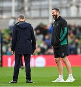30 November 2024; Ireland head coach Andy Farrell, right, and Australia head coach Joe Schmidt before the Autumn Nations Series match between Ireland and Australia at the Aviva Stadium in Dublin. Photo by David Fitzgerald/Sportsfile