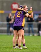 30 November 2024; Niamh Carr, left, and Kate Murray of Kilmacud Crokes celebrate after the AIB LGFA All-Ireland Senior Club Championship semi-final match between Kilmacud Crokes of Dublin and Castleisland Desmonds of Kerry at Páirc de Burca in Stillorgan, Dublin. Photo by Daire Brennan/Sportsfile