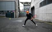 30 November 2024; David Ralph of Ballybough, Dublin, plays tennis outside Croke Park before the AIB Leinster GAA Senior Club Football Championship final match between Cuala of Dublin and Ardee St Mary's of Louth at Croke Park in Dublin. Photo by Stephen Marken/Sportsfile