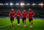 30 November 2024; Cuala players, from left, Cathal Ó Giolláin, Tom Magee, David O'Dowd and Daragh McAdam inspect the pitch before the AIB Leinster GAA Senior Club Football Championship final match between Cuala of Dublin and Ardee St Mary's of Louth at Croke Park in Dublin. Photo by Ben McShane/Sportsfile