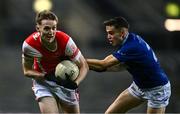 30 November 2024; Eoin Kennedy of Cuala is tackled by Tadgh McDonnell of Ardee St Mary's during the AIB Leinster GAA Senior Club Football Championship final match between Cuala of Dublin and Ardee St Mary's of Louth at Croke Park in Dublin. Photo by Ben McShane/Sportsfile
