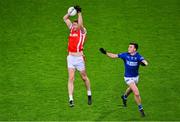 30 November 2024; Peadar Ó Cofaigh Byrne of Cuala in action against Liam Jackson of Ardee St Mary's during the AIB Leinster GAA Senior Club Football Championship final match between Cuala of Dublin and Ardee St Mary's of Louth at Croke Park in Dublin. Photo by Stephen Marken/Sportsfile