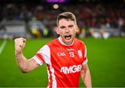 30 November 2024; Luke Keating of Cuala celebrates after securing victory with a winning point from a free during the AIB Leinster GAA Senior Club Football Championship final match between Cuala of Dublin and Ardee St Mary's of Louth at Croke Park in Dublin. Photo by Piaras Ó Mídheach/Sportsfile