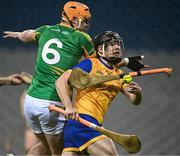30 November 2024; Seán Currie of Na Fianna is tackled by Cillian Kiely of Kilcormac Killoughey during the AIB Leinster GAA Senior Club Hurling Championship final match between Kilcormac Killoughey of Offaly and Na Fianna of Dublin at Croke Park in Dublin. Photo by Ben McShane/Sportsfile