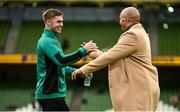30 November 2024; Jack Crowley of Ireland, left, and former Ireland international Simon Zebo before the Autumn Nations Series match between Ireland and Australia at the Aviva Stadium in Dublin. Photo by Ramsey Cardy/Sportsfile