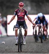 1 December 2024; Michael Vanthourenhout of Belgium celebrates winning the Men's Elite race at the UCI Cyclo-cross World Cup on the Sport Ireland Campus in Dublin. Photo by David Fitzgerald/Sportsfile