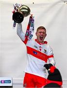1 December 2024; Peter Laffey of Coolera Strandhill celebrates with the trophy after the AIB Connacht GAA Senior Club Football Championship final match between Coolera-Strandhill and Pádraig Pearses at Markievicz Park GAA Stadium in Sligo. Photo by Tyler Miller/Sportsfile