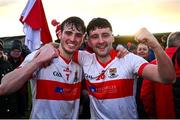1 December 2024; Oran Harte, left, and Adam Higgins of Coolera Strandhill celebrate after the AIB Connacht GAA Senior Club Football Championship final match between Coolera-Strandhill and Pádraig Pearses at Markievicz Park GAA Stadium in Sligo. Photo by Tyler Miller/Sportsfile