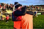 1 December 2024; Coolera Strandhill manager John McPartland, left, celebrates after the AIB Connacht GAA Senior Club Football Championship final match between Coolera-Strandhill and Pádraig Pearses at Markievicz Park GAA Stadium in Sligo. Photo by Tyler Miller/Sportsfile
