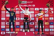 1 December 2024; On the podium after the Men's elite race are, race winner Michael Vanthourenhout of Belgium, centre, second place Toon Aerts of Belgium, and third place Felipe Orts Lloret of Spain at the UCI Cyclo-cross World Cup on the Sport Ireland Campus in Dublin. Photo by David Fitzgerald/Sportsfile