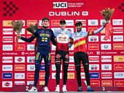 1 December 2024; On the podium after the Men's elite race are, race winner Michael Vanthourenhout of Belgium, centre, second place Toon Aerts of Belgium, and third place Felipe Orts Lloret of Spain at the UCI Cyclo-cross World Cup on the Sport Ireland Campus in Dublin. Photo by David Fitzgerald/Sportsfile