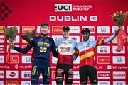 1 December 2024; On the podium after the Men's Elite race, race winner Michael Vanthourenhout of Belgium, centre, second place Toon Aerts of Belgium, left, and third place Felipe Orts of Spain at the UCI Cyclo-cross World Cup on the Sport Ireland Campus in Dublin. Photo by David Fitzgerald/Sportsfile