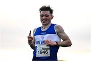 1 December 2024; Sean M McGinley of Finn Valley AC, Donegal, celebrates winning the novice men's 6000m during the 123.ie National Novice and Juvenile Uneven Age Cross Country Championships at Tramore Racecourse in Tramore, Waterford. Photo by Sam Barnes/Sportsfile