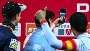 1 December 2024; On the podium after the Men's elite race are, race winner Michael Vanthourenhout of Belgium, centre, second place Toon Aerts of Belgium, left, and third place Felipe Orts Lloret of Spain at the UCI Cyclo-cross World Cup on the Sport Ireland Campus in Dublin. Photo by David Fitzgerald/Sportsfile