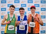 1 December 2024; Novice men's 6000m medallists, Sean M Mcginley of Finn Valley AC, Donegal, gold, centre, Oisin Murray of An Ríocht AC, Kerry, silver, left, and Daniel Ryan Ellis of Nenagh Olympic AC, Tipperary, bronze, right,  during the 123.ie National Novice and Juvenile Uneven Age Cross Country Championships at Tramore Racecourse in Tramore, Waterford. Photo by Sam Barnes/Sportsfile