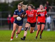 1 December 2024; Ailish Morrissey of Kilkerrin-Clonberne is tackled by Clodagh McCambridge of Clann Éireann during the AIB LGFA All-Ireland Senior Club Championship semi-final match between Clann Eireann of Armagh and Kilkerrin Clonberne of Galway at Clann Éireann GAA Club in Lurgan, Armagh. Photo by Shauna Clinton/Sportsfile