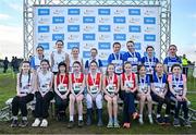 1 December 2024; Under 15 girls 3500m team medallists, Westport AC, Mayo, gold, centre, Mid Sutton AC, Dublin, silver, left, and Finn Valley AC, Donegal, bronze, right, during the 123.ie National Novice and Juvenile Uneven Age Cross Country Championships at Tramore Racecourse in Tramore, Waterford. Photo by Sam Barnes/Sportsfile