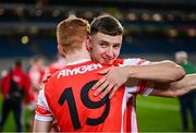 30 November 2024; Cuala players David O'Dowd, behind, and Michael Conroy celebrate after their side's victory in the AIB Leinster GAA Senior Club Football Championship final match between Cuala of Dublin and Ardee St Mary's of Louth at Croke Park in Dublin. Photo by Piaras Ó Mídheach/Sportsfile