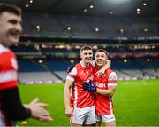 30 November 2024; Cuala players David O'Dowd and Conor Groarke, right, celebrate after their side's victory in the AIB Leinster GAA Senior Club Football Championship final match between Cuala of Dublin and Ardee St Mary's of Louth at Croke Park in Dublin. Photo by Piaras Ó Mídheach/Sportsfile