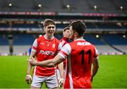 30 November 2024; Cuala players Michael Fitzsimons and Conor O'Brien, 11, celebrate after their side's victory in the AIB Leinster GAA Senior Club Football Championship final match between Cuala of Dublin and Ardee St Mary's of Louth at Croke Park in Dublin. Photo by Piaras Ó Mídheach/Sportsfile