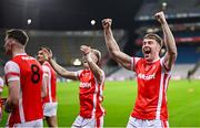 30 November 2024; Tom Magee of Cuala celebrates after his side's victory in the AIB Leinster GAA Senior Club Football Championship final match between Cuala of Dublin and Ardee St Mary's of Louth at Croke Park in Dublin. Photo by Piaras Ó Mídheach/Sportsfile