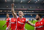30 November 2024; Con O'Callaghan of Cuala, centre, celebrates after his side's victory in the AIB Leinster GAA Senior Club Football Championship final match between Cuala of Dublin and Ardee St Mary's of Louth at Croke Park in Dublin. Photo by Piaras Ó Mídheach/Sportsfile