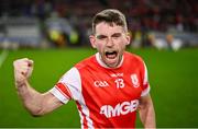 30 November 2024; uke Keating of Cuala, who kicked the winning point from a free, celebrates after the AIB Leinster GAA Senior Club Football Championship final match between Cuala of Dublin and Ardee St Mary's of Louth at Croke Park in Dublin. Photo by Piaras Ó Mídheach/Sportsfile