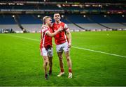 30 November 2024; Cuala players Eoghan O'Callaghan, left, and Con O'Callaghan after their side's victory in the AIB Leinster GAA Senior Club Football Championship final match between Cuala of Dublin and Ardee St Mary's of Louth at Croke Park in Dublin. Photo by Piaras Ó Mídheach/Sportsfile