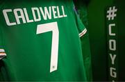 3 December 2024; The jersey of Diane Caldwell of Republic of Ireland is seen in the dressing room before the UEFA Women's EURO 2025 Play-off Round Two second leg match between Republic of Ireland and Wales at the Aviva Stadium in Dublin. Photo by Stephen McCarthy/Sportsfile