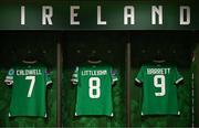 3 December 2024; The Republic of Ireland jerseys of, from left, Diane Caldwell, Ruesha Littlejohn and Amber Barrett are seen in the dressing room before the UEFA Women's EURO 2025 Play-off Round Two second leg match between Republic of Ireland and Wales at the Aviva Stadium in Dublin. Photo by Stephen McCarthy/Sportsfile