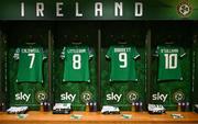 3 December 2024; The Republic of Ireland jerseys of, from left, Diane Caldwell, Ruseha Littlejohn, Amber Barrett and Denise O'Sullivan are seen in the dressing room before the UEFA Women's EURO 2025 Play-off Round Two second leg match between Republic of Ireland and Wales at the Aviva Stadium in Dublin. Photo by Stephen McCarthy/Sportsfile