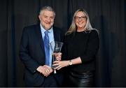 3 December 2024; Rebecca Mackey receives the Services to Women's Premier Division Award from FAI President Paul Cooke, on behalf of Michelle O'Neill, during the 2024 SSE Airtricity Women's Premier Division Awards at the Aviva Stadium in Dublin. Photo by Sam Barnes/Sportsfile