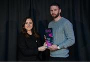 3 December 2024; Athlone Town manager Ciarán Kilduff is presented with his SSE Airtricity Women’s Premier Division Manager of the Year Award by SSE Airtricity Marketing Specialist Ruth Rapple during the 2024 SSE Airtricity Women's Premier Division Awards at the Aviva Stadium in Dublin. Photo by Sam Barnes/Sportsfile