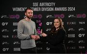 3 December 2024; Athlone Town manager Ciarán Kilduff is presented with his SSE Airtricity Women’s Premier Division Manager of the Year Award by SSE Airtricity Sponsorship manager Ashley Keating during the 2024 SSE Airtricity Women's Premier Division Awards at the Aviva Stadium in Dublin. Photo by Sam Barnes/Sportsfile