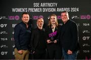 3 December 2024; Dorothea Greulich of Cork City with her TG4 Goal of the Year Award with Cork City staff, from left, kitman Eoin Kelly manager Danny Murphy, and assistant manager James Goodwin during the 2024 SSE Airtricity Women's Premier Division Awards at the Aviva Stadium in Dublin. Photo by Sam Barnes/Sportsfile