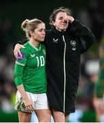 3 December 2024; Denise O'Sullivan, left, and Niamh Fahey of Republic of Ireland after the UEFA Women's EURO 2025 Play-off Round Two second leg match between Republic of Ireland and Wales at the Aviva Stadium in Dublin. Photo by Stephen McCarthy/Sportsfile