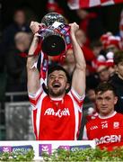 30 November 2024; Conor O'Brien of Cuala lifts the cup after the AIB Leinster GAA Senior Club Football Championship final match between Cuala of Dublin and Ardee St Mary's of Louth at Croke Park in Dublin. Photo by Ben McShane/Sportsfile