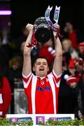 30 November 2024; Daragh McAdam of Cuala lifts the cup after the AIB Leinster GAA Senior Club Football Championship final match between Cuala of Dublin and Ardee St Mary's of Louth at Croke Park in Dublin. Photo by Ben McShane/Sportsfile