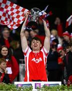 30 November 2024; Shane Mangan of Cuala lifts the cup after the AIB Leinster GAA Senior Club Football Championship final match between Cuala of Dublin and Ardee St Mary's of Louth at Croke Park in Dublin. Photo by Ben McShane/Sportsfile